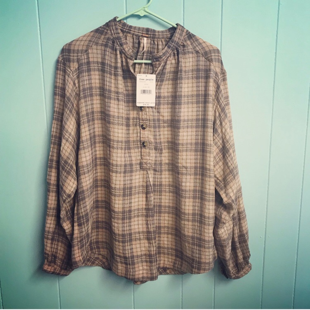 Free People Plaid Button-Up Top - Brown and Tan (XS)